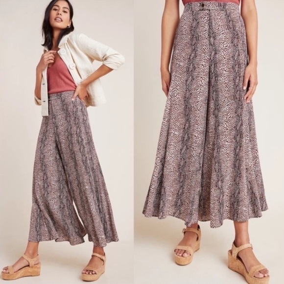 Anthropologie Snake Print Skirted Wide-Leg Pants in Brown Sz 10 - Picture 1 of 10